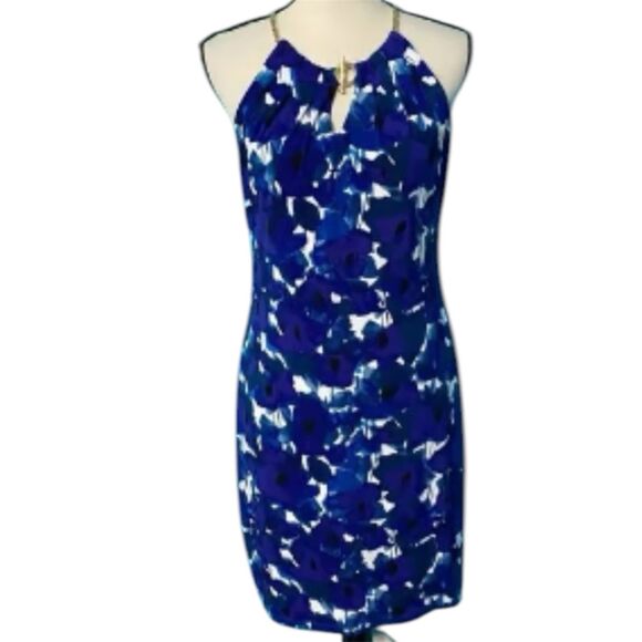 Ivanka Trump Dress Womens L Blue Floral Sleeveless Shift Chain Link Straps Event - Picture 1 of 7